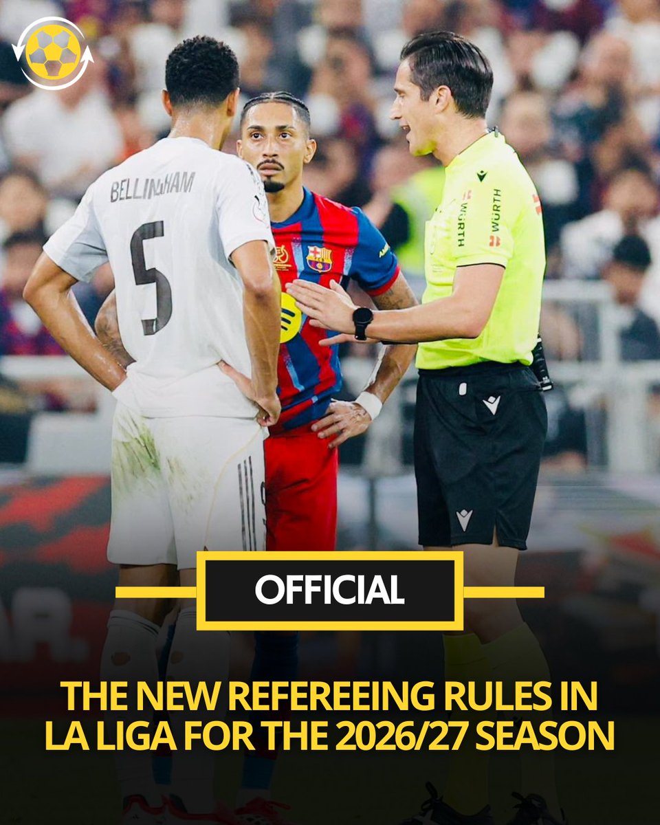 DeadlineDayLive's tweet photo. 🚨🇪🇸 New refereeing rules in La Liga for the 2026/27 season:

🔸 VAR can now intervene for second yellow card incidents, mistaken identity on red cards and wrongly awarded corners. 🖥️

🔸 Substituted players must leave the pitch within 10 seconds, or their replacement will have to wait 60 seconds before coming on. ⏰

🔸 Players who receive treatment will generally have to stay off the pitch for one minute before returning. 🤕

🔸 If a goalkeeper stops play for treatment without being injured by a foul, one teammate must leave the pitch for one minute. 🧤

🔸 Throw-ins will now be subject to a strict five-second countdown. ⏱️

🔸 If a penalty is accidentally kicked twice, it will be ruled a miss if the ball does not end up in the net. 🥅

🔸 Referees will now announce and explain their final decision to the crowd after a VAR review. 🗣️

(Source: @tjcope)