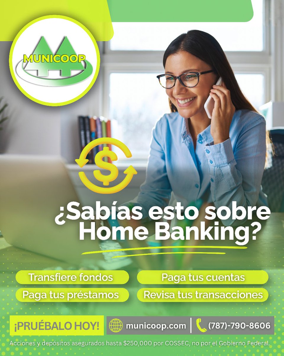 MUNICOOP1's tweet photo. 💻 ¿Ya usas Home Banking? Administra tus cuentas de forma rápida, segura y desde cualquier lugar. 📲💚 #homebanking #cooperativa https://t.co/jPJY8UaQLl