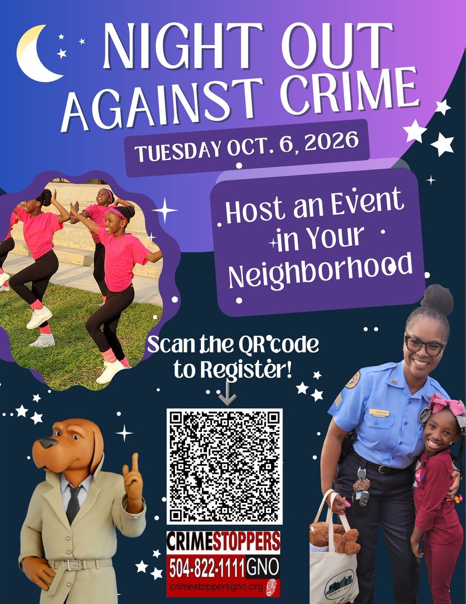 NOPDNews's tweet photo. 📣Hey New Orleans- make your plans now to to host YOUR Night Out Against Crime event. Register before October 2, 2026. 🤝We want all our friends and neighbors to join in the fun & fellowship!
#nightoutagainstcrime #nationalnightoutagainstcrime #nopd #communityfirst https://t.co/pCMY3AM5Th