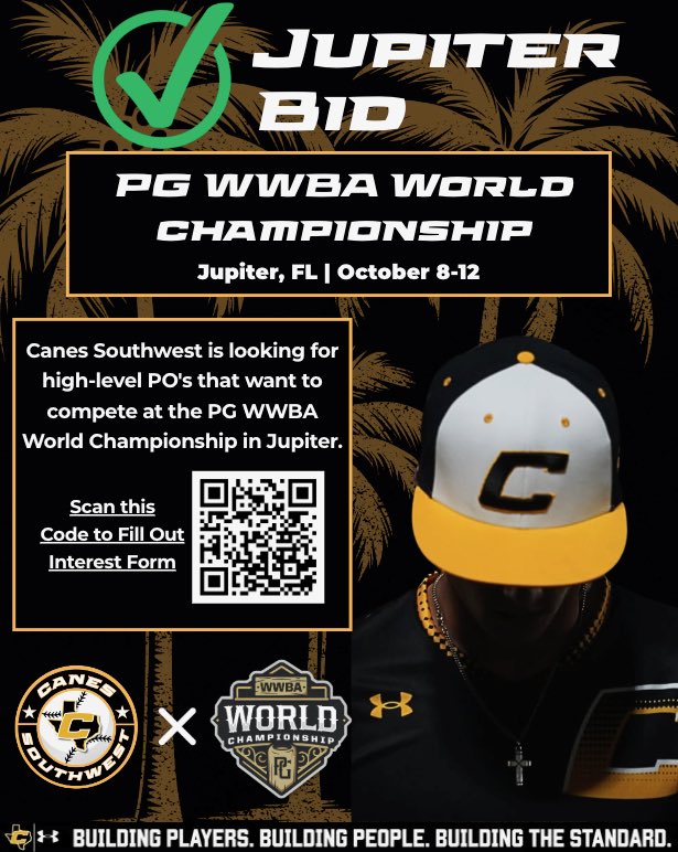 TheCanesSW's tweet photo. 🚨 We're Headed back to Jupiter!

We have accepted our invite to compete in the WWBA World Championship in Jupiter &amp; are looking for high level PO's

We are currently the only Cen-Tex based org to receive this prestigious invitation

Scan the QR code &amp; complete our interest form https://t.co/SlH2SDZdrZ