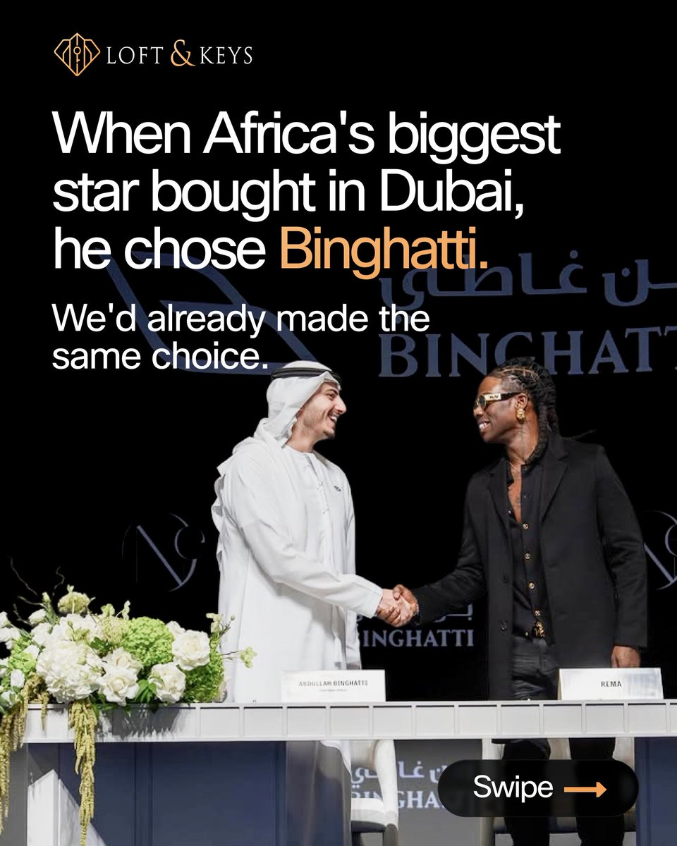loftandkeys's tweet photo. When one of Africa's biggest artists decided to plant a flag in Dubai, he didn't pick just any address. Rema is now the newest homeowner at One by @Binghatti  , signed and announced by Binghatti themselves.

Look closer and you'll notice a pattern. Neymar. Bocelli. AR Rahman. The people who could own property anywhere on Earth keep choosing the same developer. That is not a coincidence. It is what happens when a brand delivers on time, protects its value, and earns trust the hard way.

Here is the part that matters for you. That same developer, the one the icons choose, has a number-one partner across Africa. That partner is us.

We can't get you a hit record. We can get you through the same door.

Comment ICON and let's talk about your first piece of Dubai. 🔑

#Rema #Binghatti #OwnAPieceOfDubai #LoftAndKeys #DubaiRealEstate

📲   https://t.co/2haIhNlxUe
📧 info@loftandkeys.com
🌐 https://t.co/LmWV2tpt0t
🇦🇪 +971 56 774 7423
🇳🇬 +234 911 777 7759 https://t.co/ajuWGUz5zM