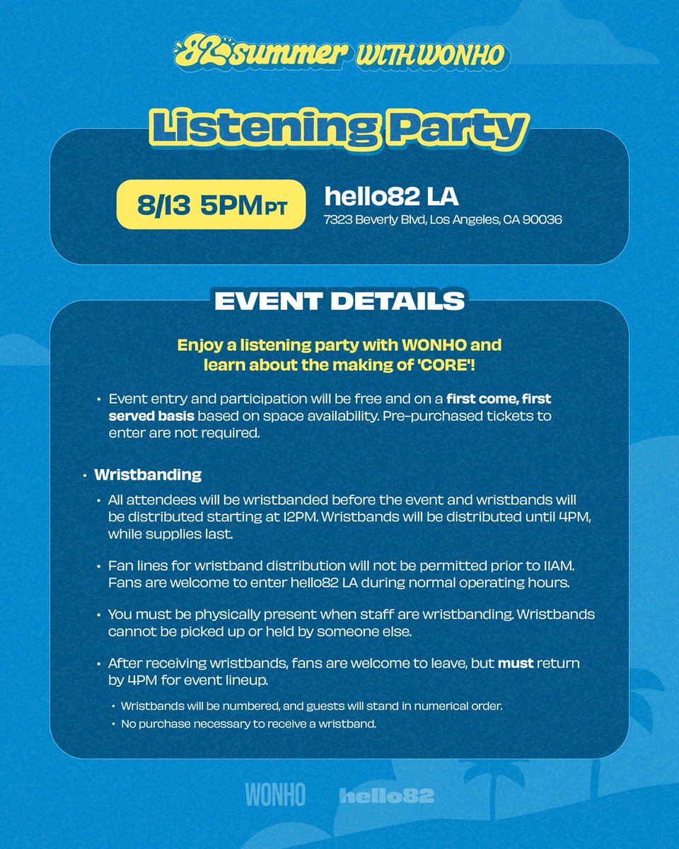 hello82LA's tweet photo. 🐰 82summer WITH WONHO 🐰

We think this will shake you to your CORE 👀
WENEE, save the date for a Listening Party with WONHO!

🐰 8/13 | 5PM
📍 @hello82LA 
This event is open to everyone. No purchase necessary to attend.

*Limited capacity
*First come, first served

@official__wonho 
#WONHO #원호 #CORE #82summer #hello82LA