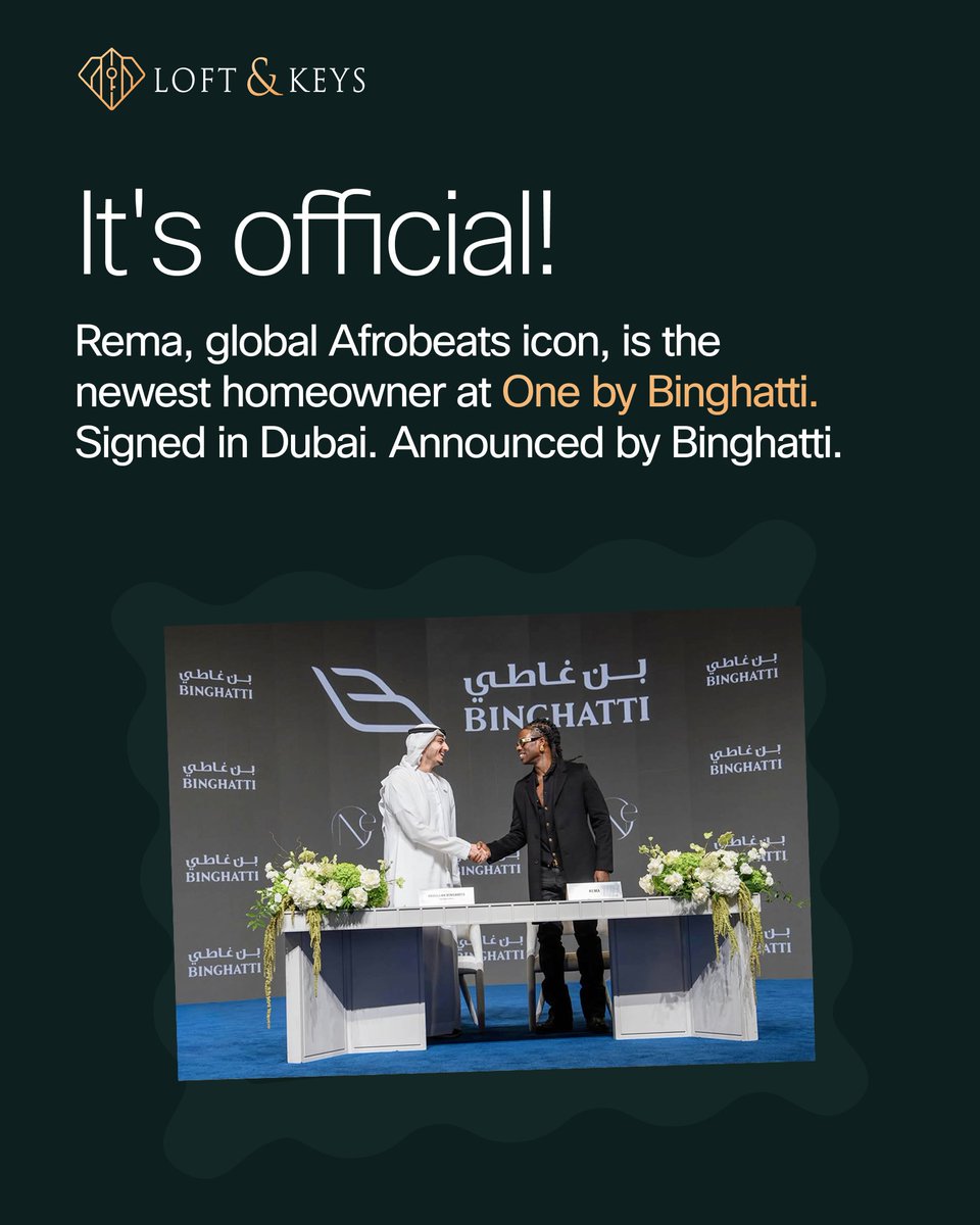 loftandkeys's tweet photo. When one of Africa's biggest artists decided to plant a flag in Dubai, he didn't pick just any address. Rema is now the newest homeowner at One by @Binghatti  , signed and announced by Binghatti themselves.

Look closer and you'll notice a pattern. Neymar. Bocelli. AR Rahman. The people who could own property anywhere on Earth keep choosing the same developer. That is not a coincidence. It is what happens when a brand delivers on time, protects its value, and earns trust the hard way.

Here is the part that matters for you. That same developer, the one the icons choose, has a number-one partner across Africa. That partner is us.

We can't get you a hit record. We can get you through the same door.

Comment ICON and let's talk about your first piece of Dubai. 🔑

#Rema #Binghatti #OwnAPieceOfDubai #LoftAndKeys #DubaiRealEstate

📲   https://t.co/2haIhNlxUe
📧 info@loftandkeys.com
🌐 https://t.co/LmWV2tpt0t
🇦🇪 +971 56 774 7423
🇳🇬 +234 911 777 7759 https://t.co/ajuWGUz5zM
