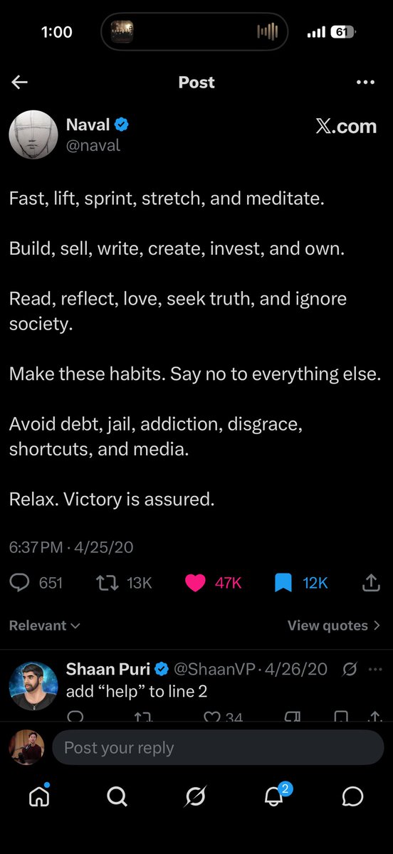 TedHZhang's tweet photo. One of my favorite @naval quotes.

Memorize it.

Do every single thing every single day.

It is impossible to live a bad life if doing so. https://t.co/vqhCOHgleH