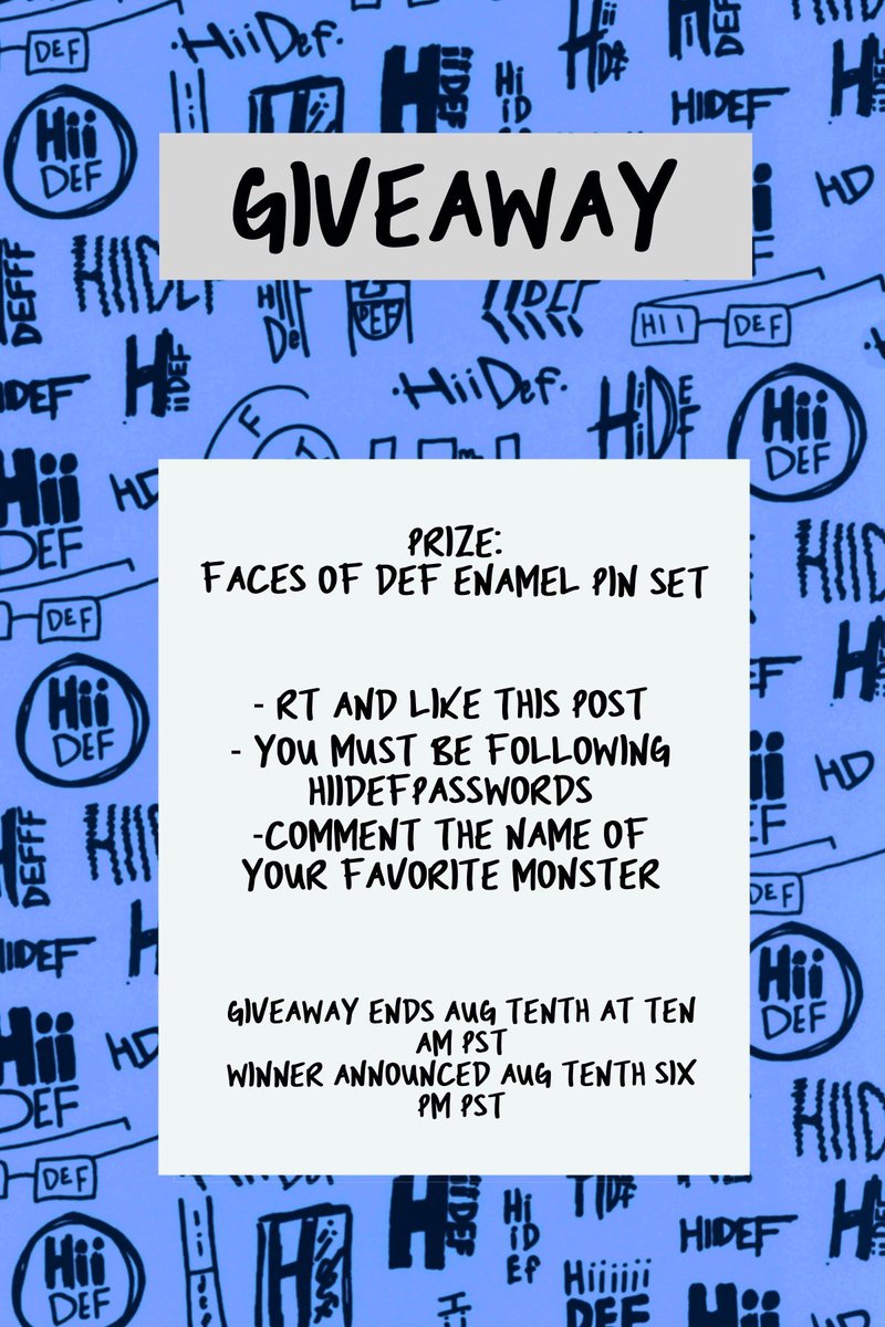 hiidefpasswords's tweet photo. !!!GIVEAWAY!!!

1 winner will get Faces of Def pin set! 

HOW TO ENTER: 
-Repost and like this post
-you must be following @hiidefpasswords 
-comment the name of your favorite monster 

Giveaway ends 8/10 at 10am pst and winners will be announced 8/10 at 6pm pst -Ris ✌🏼 https://t.co/fXryoY5ArR