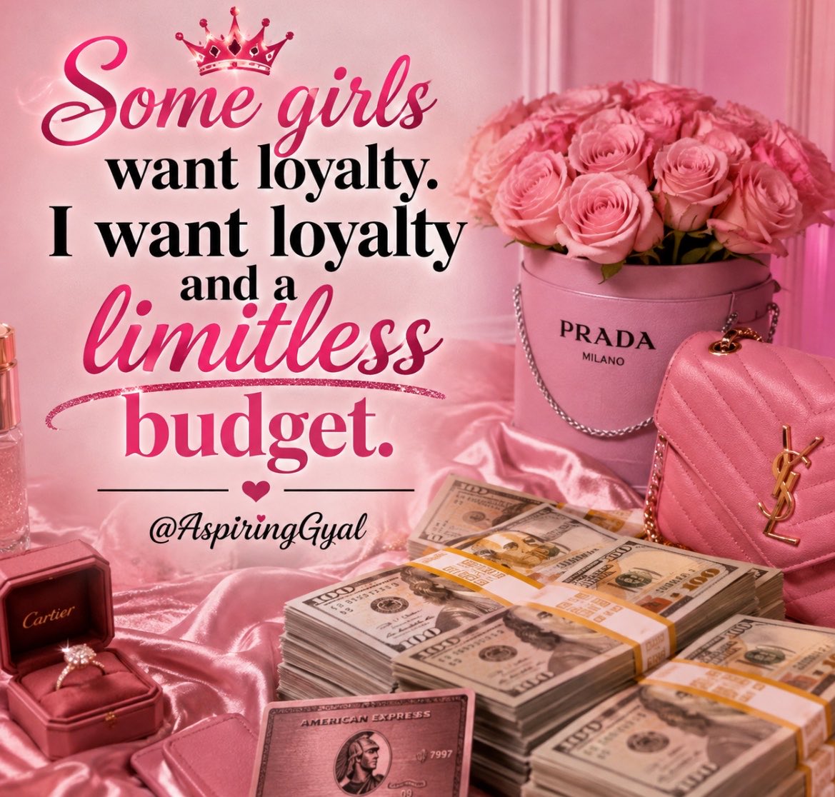 AspiringGyal's tweet photo. Loyalty is cute…
but loyalty + unlimited funds is the real fairy tale 💖💰 https://t.co/UFJOfOBVHw
