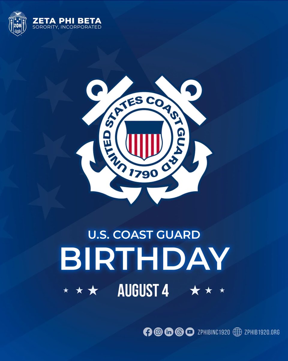 ZetasofGastonia's tweet photo. โ๏ธ Zeta Phi Beta Sorority, Incorporated proudly honors the brave men and women of the U.S. Coast Guard. We salute their courage, sacrifice, and commitment to protecting our nationโs waters and saving lives. Semper Paratus! ๐
#ZetaPhiBeta #ZPhiB1920 #USCoastGuardBirthday https://t.co/Hmfudatm9r