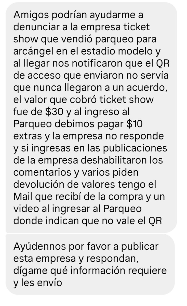 EmergenciasEc's tweet photo. #DenunciaCiudadana
Denuncian presunta estafa de @Ticketshow en el concierto de Arcángel.
Usuarios afirman que pagaron $30 por el pase de parqueo en la plataforma oficial, pero al llegar al evento les indicaron que el código QR "no era válido" y les exigieron $10 adicionales para ingresar.
​Afectados señalan que la empresa no ofrece respuestas y está borrando los reclamos en sus redes sociales.