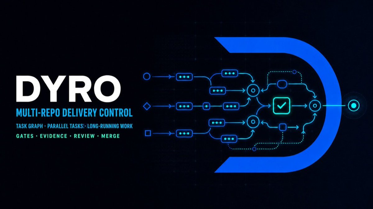dandreyang's tweet photo. Dyro 0.6.1 + 0.6.2 已发布。

0.6.1：让日常工程入口更顺——任意目录运行 dyro、引导式 setup、全局Console工作区登记、更完整的编码工具支持，以及新功能线 / Hotfix 的预检与预览。

0.6.2：把个人偏好带进首次设置——更新检测、可选补丁自动更新、本地识别的默认编码工具、Console 默认项目；工具选择先给精简推荐，也可展开全量或直接输入。

Dyro 始终本地优先：Agent 可以协作，但不会绕过评审、签署、合并与推送边界。

https://t.co/Aq3zejYegg

#DevTools #AIEngineering #Dyro #GraphEngineering #MultiAgent #TaskGraph #goal