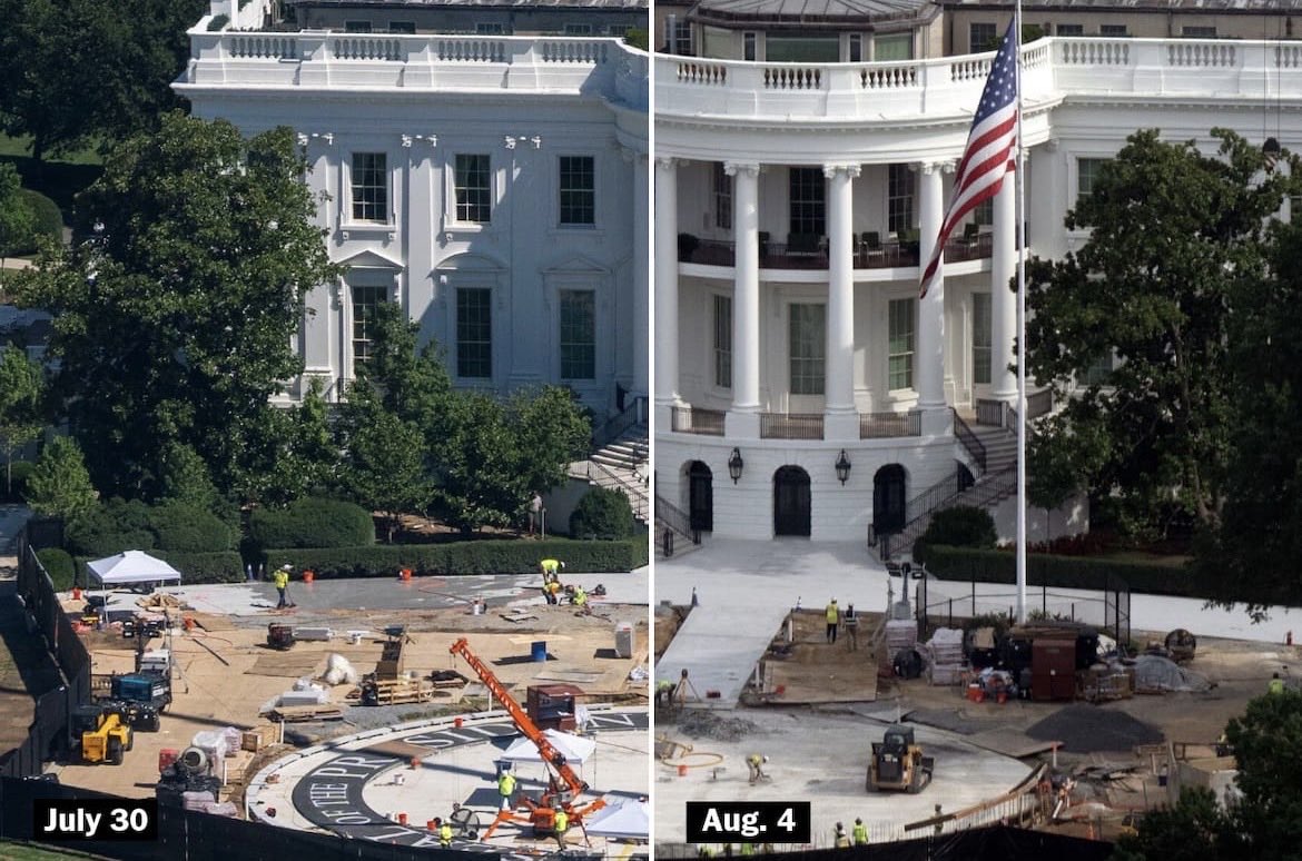 ddiamond's tweet photo. On the left - workers installing Trump’s planned granite seal last week 

On the right - the helipad today, after granite was dismantled over the weekend

Photos via AP and @PeterStevenson https://t.co/tD0KMH7anr