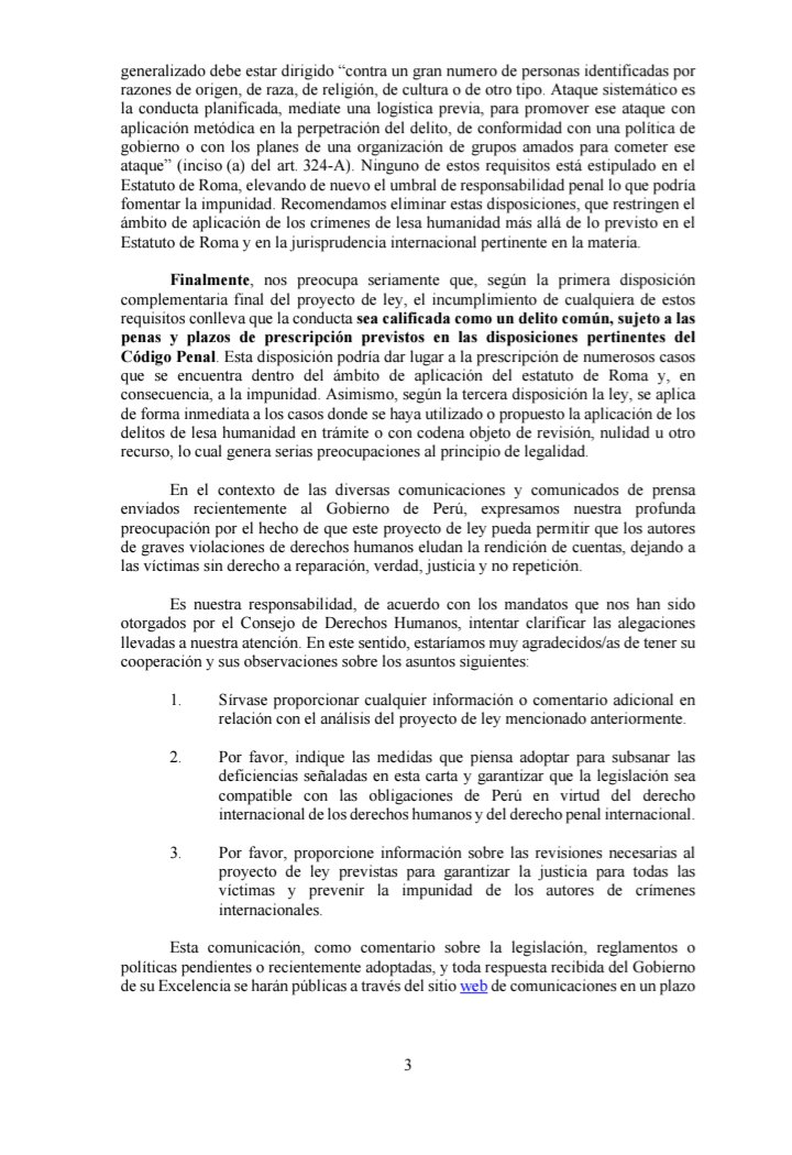 jfowks's tweet photo. 📢Tres relatores de los mecanismos especiales de Naciones Unidas cuestionan la norma fujimorista, recientemente aprobada, que impide sancionar en 🇵🇪 los crímenes de lesa humanidad; han enviado esta carta a @CancilleriaPeru https://t.co/aP7TD0JS5S