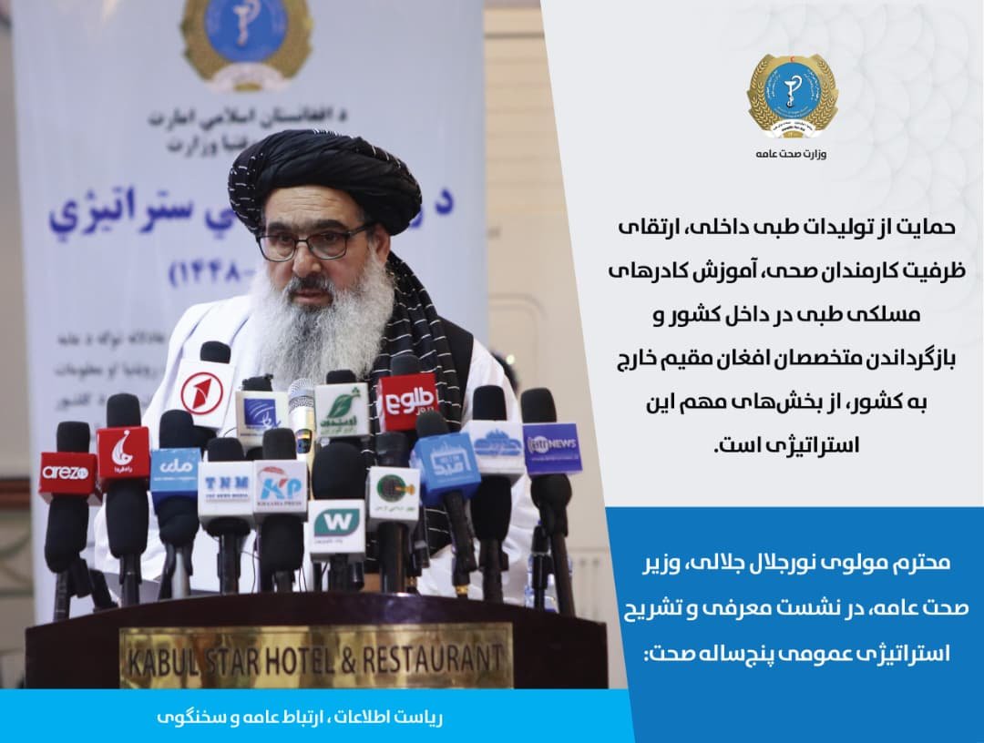 Hayatullah20940's tweet photo. محترم مولوی نورجلال جلالی، وزیر صحت عامه، در نشست معرفی و تشریح استراتیژی عمومی پنج‌ساله صحت:

حمایت از تولیدات طبی داخلی، ارتقای ظرفیت کارمندان صحی، آموزش کادرهای مسلکی طبی در داخل کشور و بازگرداندن متخصصان افغان مقیم خارج به کشور، از بخش‌های مهم این استراتیژی است. https://t.co/1gJKp2HPkt