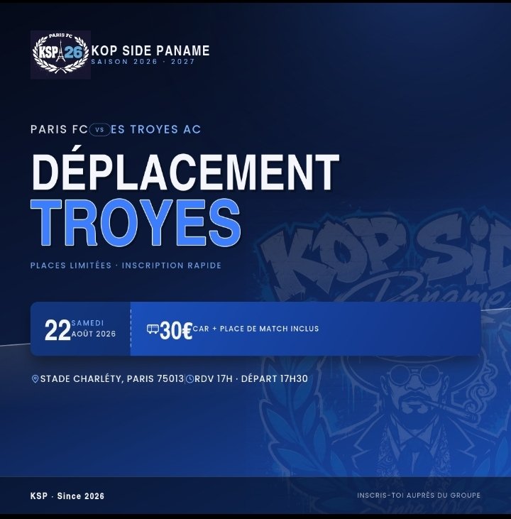 KSP26_parisfc's tweet photo. ⚡️ TOUS À TROYES !⚡️
1ère journée de @ligue1 saison 26/27 !
Le KSP26 organise son dep' en bus !
🚌 Car + place incluse : 30€
📅 22 août 2026
📍 RDV Stade Charléty à 17h
🕠 Départ 17h30
Places limitées
À bientôt en Tribune !
🔵⚪️
#KSP26 #ParisFC #TroyesAC #Ligue1 #ontour https://t.co/DLSWFHpcb2