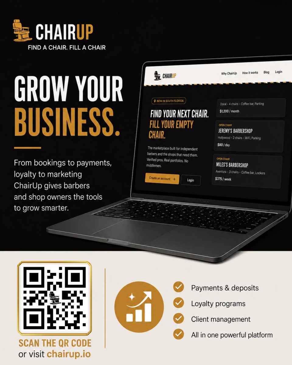 chairupUS's tweet photo. Today’s the day! 🎉 ChairUp is officially live in South Florida. 💈  

Looking to fill your chairs or find your next opportunity? Visit https://t.co/thgLk2zWhz or scan the QR code to get started. https://t.co/Wf6ajTDSg0