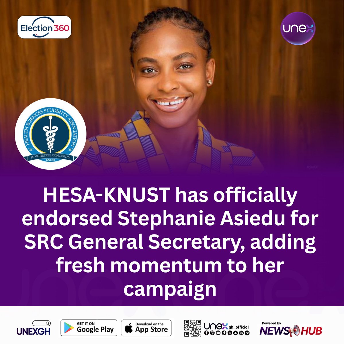 unexgh_official's tweet photo. The Health Sciences Students’ Association (HESA), KNUST has officially endorsed Stephanie Asiedu for SRC General Secretary, adding fresh momentum to her campaign.
#ELECTION360 #KNUST #UNEXGH https://t.co/QRvZfRdJvt