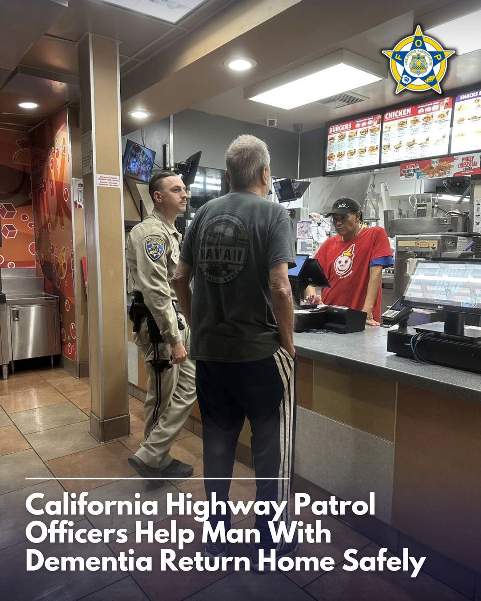 GLFOP's tweet photo. Some of the most meaningful calls end not with an arrest, but with a safe trip home.

While on patrol, officers with the California Highway Patrol encountered a man walking along the shoulder of US-101 who appeared disoriented and was showing signs consistent with dementia.

Unable to remember where he lived, the man was able to provide his brother's phone number. The officers contacted his family, arranged a safe reunion, and before taking him home, Officer Skaufel purchased him a meal after learning he hadn't eaten all day.

The officers then safely transported him home, where he was reunited with his brother and able to enjoy a late-night meal.

Calls like these are a reminder that law enforcement is about more than traffic enforcement. Sometimes, the greatest impact an officer can make is helping someone safely find their way home.

Credit: California Highway Patrol (used for informational purposes)

#CommunityPolicing #CompassionInAction #CaliforniaHighwayPatrol #ServingWithCare #FOPStrong #BackTheBlue