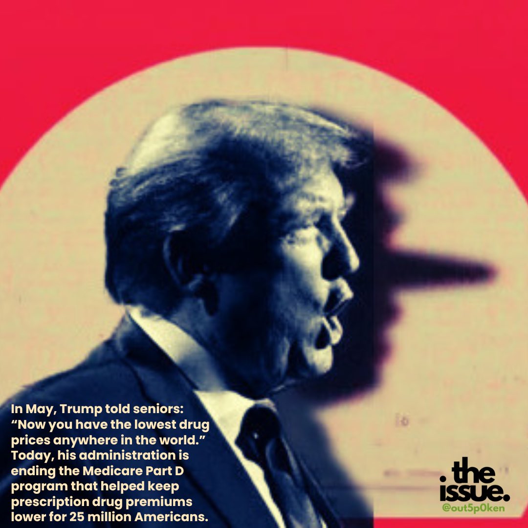 Out5p0ken's tweet photo. In May, Trump promised seniors, “Now you have the lowest drug prices anywhere in the world.”

Today, his administration is ending the Medicare Part D program that helped keep prescription drug premiums lower for 25 million Americans.

Promises made. Promises broken.

#RepublicanMedicareCuts