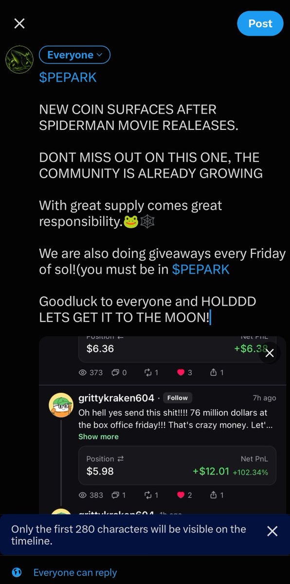 FlokiBull_'s tweet photo. $PEPARK 

NEW COIN SURFACES AFTER SPIDERMAN MOVIE REALEASES.

DONT MISS OUT ON THIS ONE, THE COMMUNITY IS ALREADY GROWING 

With great supply comes great responsibility.🐸🕸️

We are also doing giveaways every Friday of sol!(you must be in $PEPARK

Goodluck to everyone and HOLDDD LETS GET IT TO THE MOON!