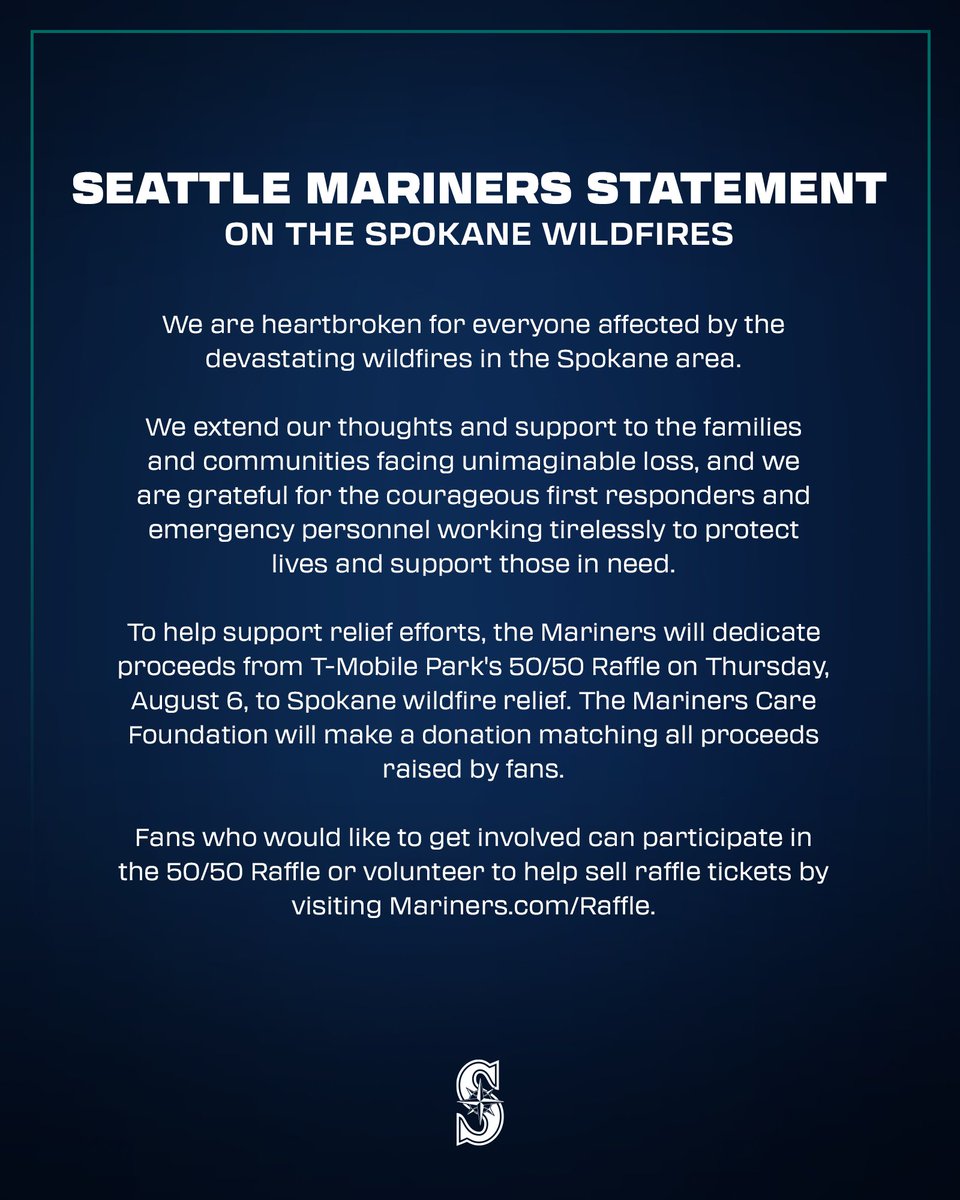 Mariners's tweet photo. Our hearts go out to all those impacted by the wildfires in the Spokane area 💙 https://t.co/Wwr9z02JoP
