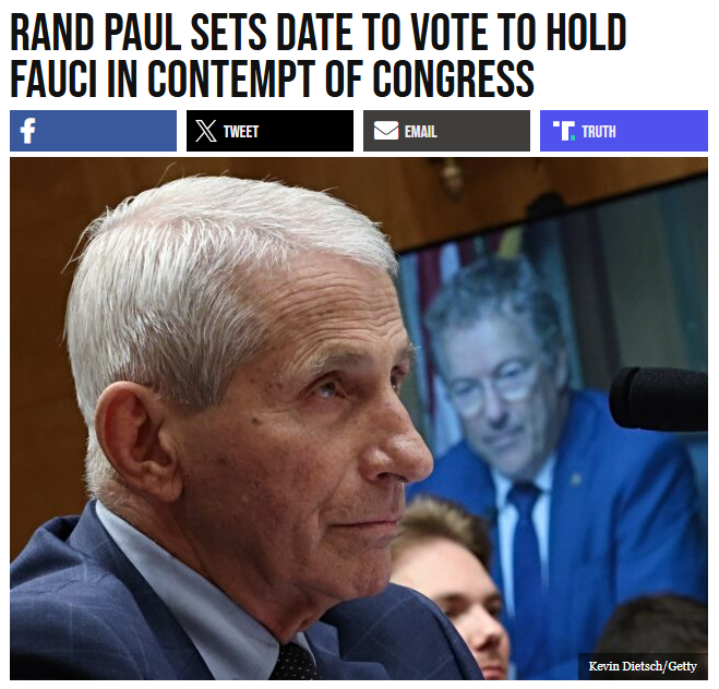 GuntherEagleman's tweet photo. 🚨 RAND PAUL SETS THE DATE, FAUCI CONTEMPT VOTE IS COMING

Sen. Rand Paul has scheduled a vote to hold Dr. Anthony Fauci in contempt of Congress.

After Fauci invoked the Fifth Amendment more than 100 times and faced questions over his pandemic decisions, diaries, and testimony, Paul is moving forward with formal action.