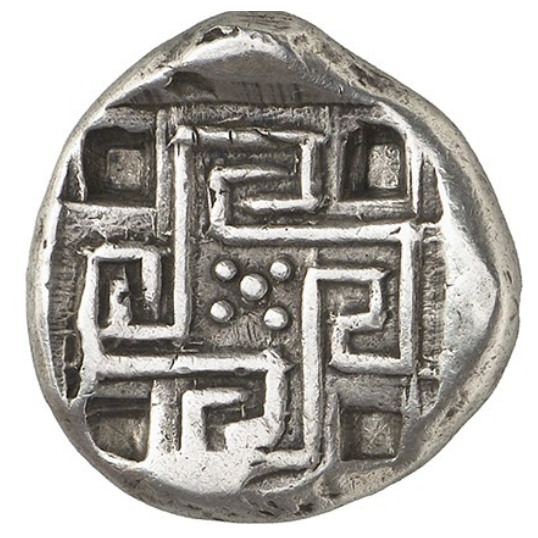 archaeologyart's tweet photo. Silver stater of Knossos (Cnossus), Crete, c. 425–360 BC; obverse: Minotaur in a kneeling–running stance to the right, head facing; reverse: a square labyrinth in gammadion form with five pellets arranged rosette‑wise at the center and four incuse corner squares. https://t.co/8PjYSkY9wC