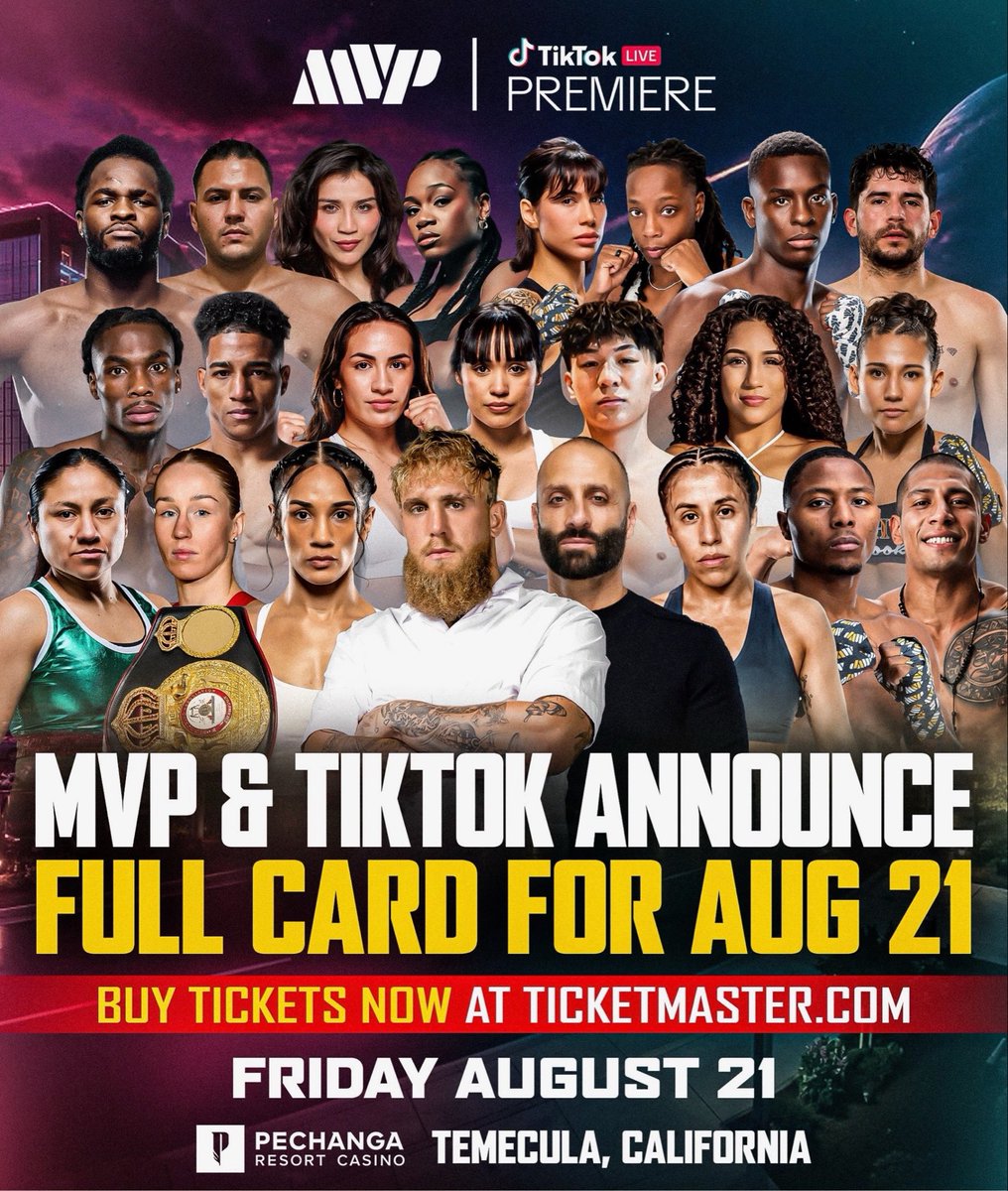 MostVpromotions's tweet photo. 🚨MVP x TIKTOK FULL CARD🚨: The first-ever championship boxing event on TikTok LIVE is absolutely STACKED. 👀 | SWIPE➡️

Buy your tickets NOW | https://t.co/2tMBnuJiS8

——— 
Friday, Aug 21st
LIVE on TikTok
Pechanga Resort Casino - Temecula, CA
#SerranoManzur https://t.co/pip5C3kmsX