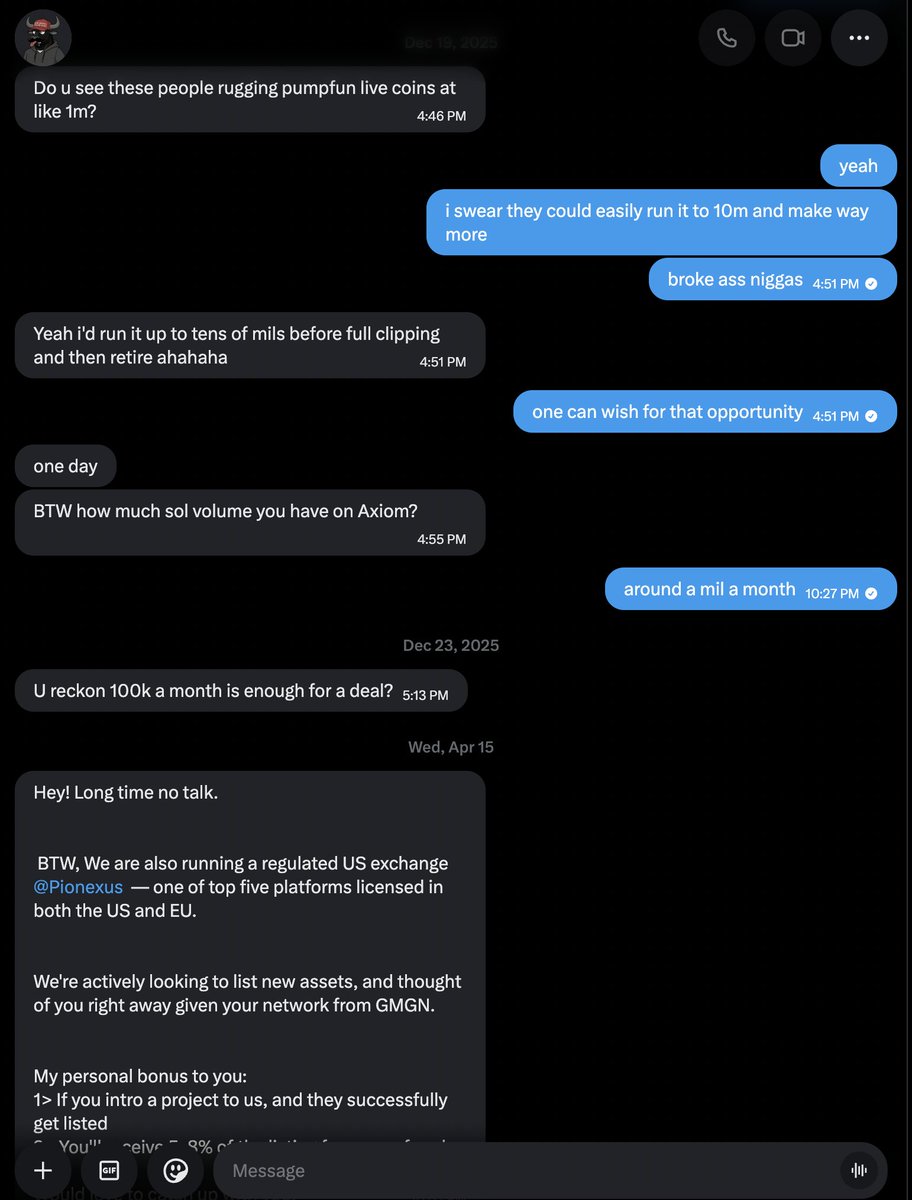 onchaindriller's tweet photo. Warning to all $CATE holders

I don't usually do these posts, but I've been sitting on this for a while and figured people deserve to see it before they size up a position.

Back in December 2025, I was in a DM conversation with the person now running $Catecoin , goes by " @PoorGoat_  " At the time we were just talking shit about the https://t.co/jfxDxWCWUv meta in general. I made an offhand comment about people rugging live coins at ~$1M market cap, and how they could easily run it to $10M+ first if they had the patience.

His response, verbatim: he'd run it up to the tens of millions before "full clipping" and then retire. Followed by "one day."

After not replying to him, he started to shill me rug companies, which I think was to drain my wallet.

Screenshot attached. Timestamps included so you can verify this isn't cropped or doctored.

To be clear about what I'm NOT saying: I'm not claiming I have inside information that $Catecoin specifically is a scheduled rug, and I'm not asserting he has some countdown timer on this exact coin. I don't have proof of intent for THIS project. What I do have is a screenshot of the person now running it describing, unprompted, exactly this playbook: run it up, clip everyone at the top, walk away, as something he'd be happy to do "one day."

Make of that what you will. Maybe he was joking. Maybe it was bravado. Maybe people say dumb stuff in DMs that doesn't reflect how they'd actually operate a live project with their name attached. I can't tell you which of those it is.

What I can tell you is this: if the person running a coin has told you directly, in writing, that this exact move is something he'd enjoy doing, that's not nothing. That's information. Weigh it accordingly.

Basic ground rules if you're still in or considering an entry:
— Don't put in more than you're fully fine losing to zero, on any https://t.co/jfxDxWCWUv style coin, period, regardless of who's running it
— If it runs, take profit in tranches on the way up instead of waiting for a top you'll never correctly call

Not financial advice, just a receipt and some context I think the community should have before decisions get made. DYOR.