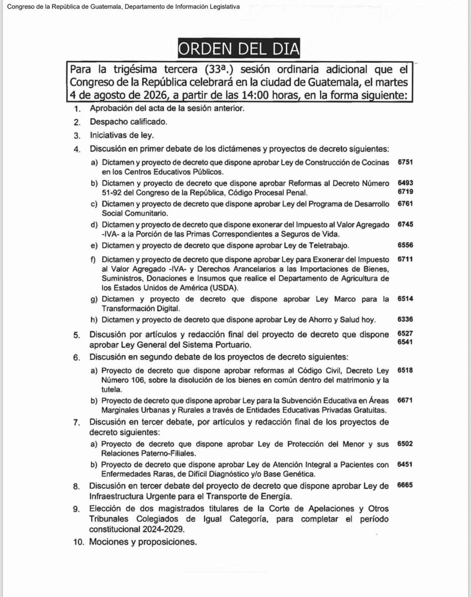 CongresoGuate's tweet photo. 📌 ¿Qué iniciativas de ley se discutirán en el Pleno del Congreso durante la 33ª #SesiónOrdinaria?

Aquí te lo decimos⬇️

🏛️ #XLegislatura
🔎 #TransparenciaLegislativa https://t.co/TX73GFLZaD