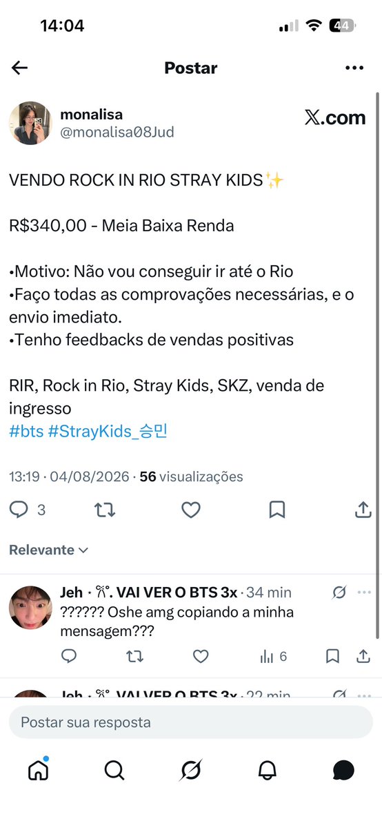 tkcollector's tweet photo. Outra pessoa que pode estar aplicando golpe!!!! @monalisa08Jud copiou minha mensagem de venda e ainda teve a cara de pau de me seguir https://t.co/K9G4gBNWNR