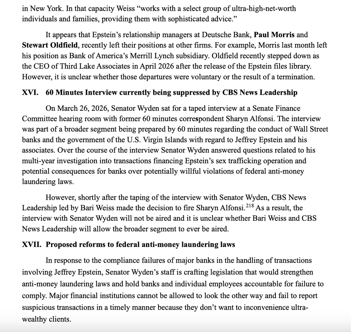 Furbeti's tweet photo. CBS had a 60 Minutes investigation into the banks that moved more than $1 billion for Jeffrey Epstein.

It interviewed Senator Ron Wyden. It examined Wall Street and the U.S. Virgin Islands.

Then CBS fired the correspondent. The interview will not air, and nobody knows whether the investigation ever will.