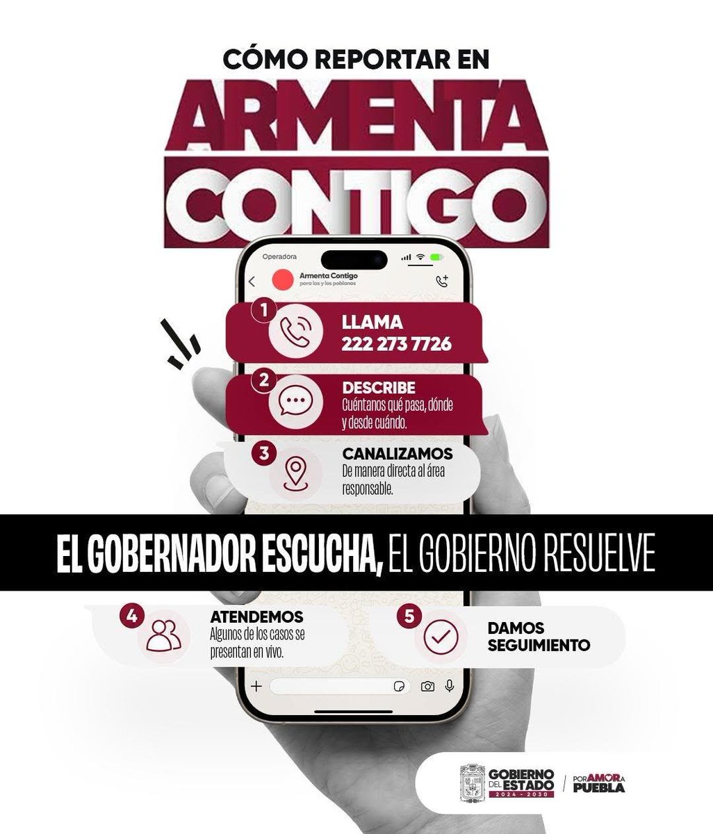ReservaGobPue's tweet photo. 📲 ¿Tienes un reporte?

En #ArmentaContigo es muy fácil:
📞 Llama al 222 273 7726
📝 Describe tu caso
📍 Se canaliza al área responsable
🤝 Algunos casos se atienden en vivo
✅ Se da seguimiento

Porque el @Gob_Puebla escucha y resuelve.

#PorAmorAPuebla https://t.co/w4FAOSteZ0