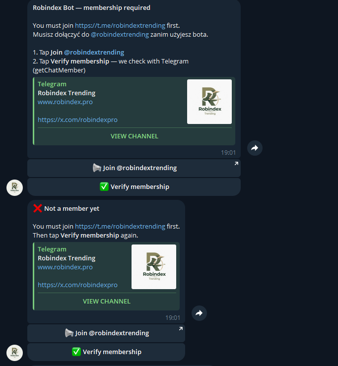 robindexpro's tweet photo. 🔒 New Bot Verification Required

To use the bot, you must now be a member of https://t.co/YnoldUhWXw.

Our bots scan for high-potential tokens, listing them on our site and sending them to the trending feed. More people on trending means more eyes on our main token! Our past automated calls have hit 100x gains early, giving you instant safety scores and complete contract scans.

Plus, with our upcoming referral contest, all invited participants must join the trending channel to qualify—driving huge exposure back to our core community! 📈

👉 Join https://t.co/FeVL5q8gfG & click Verify in the bot!