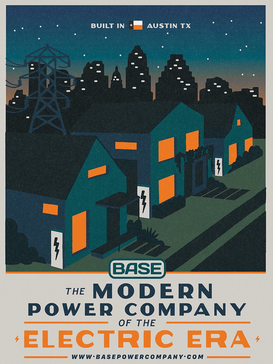 vanlancker's tweet photo. Somewhere along the way, a collaborative tradition took hold between @basepowerco  and @terraincap: a poster for every major milestone. Today that collection grows:

> The first, at launch, captured a future with storage in every home.

> The second focused on deployment electricians, echoing the WPA posters of the 1930s.

> The third came last year alongside the newspaper: a call for talent to join Base.

> And now, marking the launch of Base Core, one of the largest backyard batteries ever built.