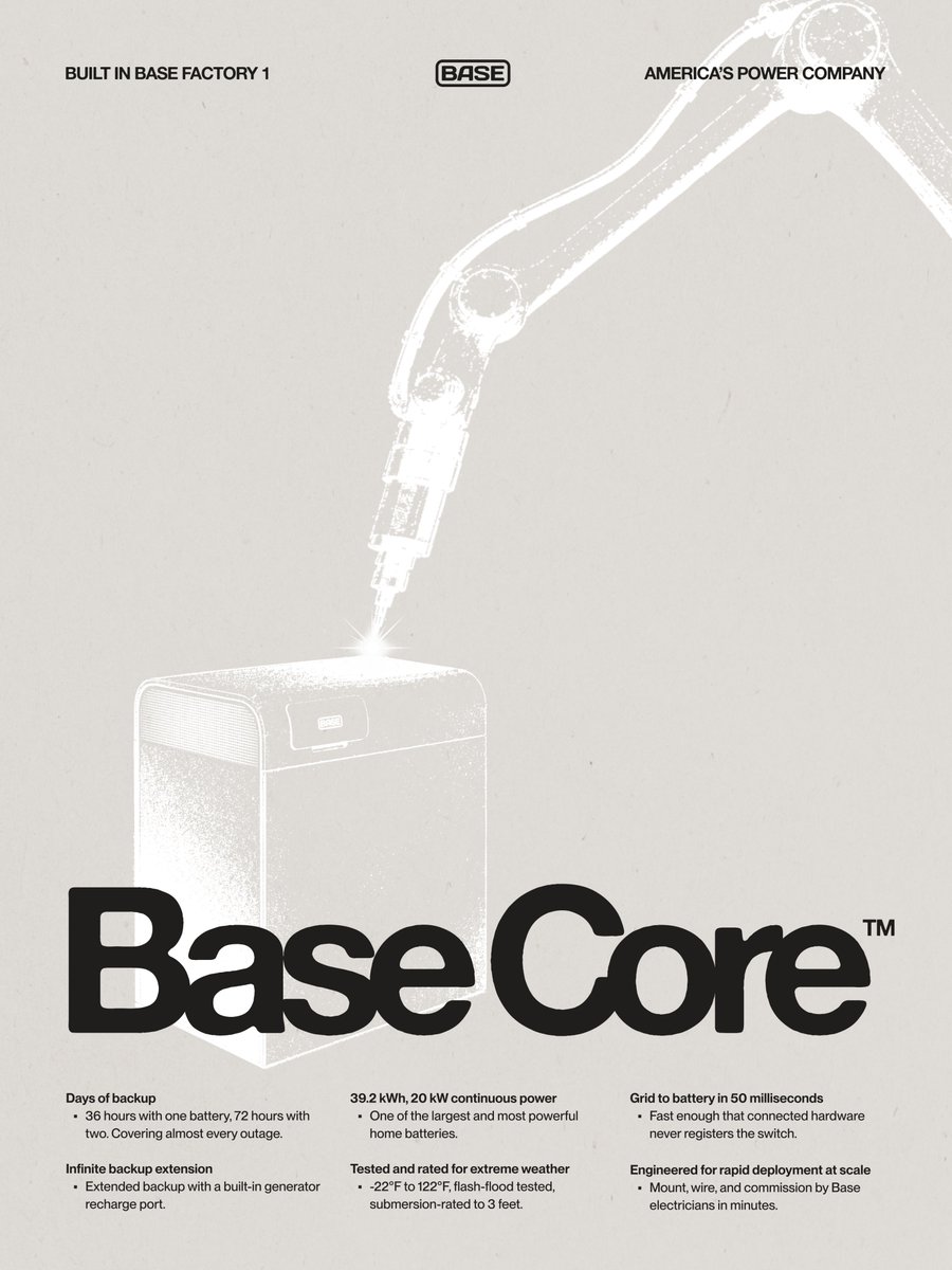 vanlancker's tweet photo. Somewhere along the way, a collaborative tradition took hold between @basepowerco  and @terraincap: a poster for every major milestone. Today that collection grows:

> The first, at launch, captured a future with storage in every home.

> The second focused on deployment electricians, echoing the WPA posters of the 1930s.

> The third came last year alongside the newspaper: a call for talent to join Base.

> And now, marking the launch of Base Core, one of the largest backyard batteries ever built.