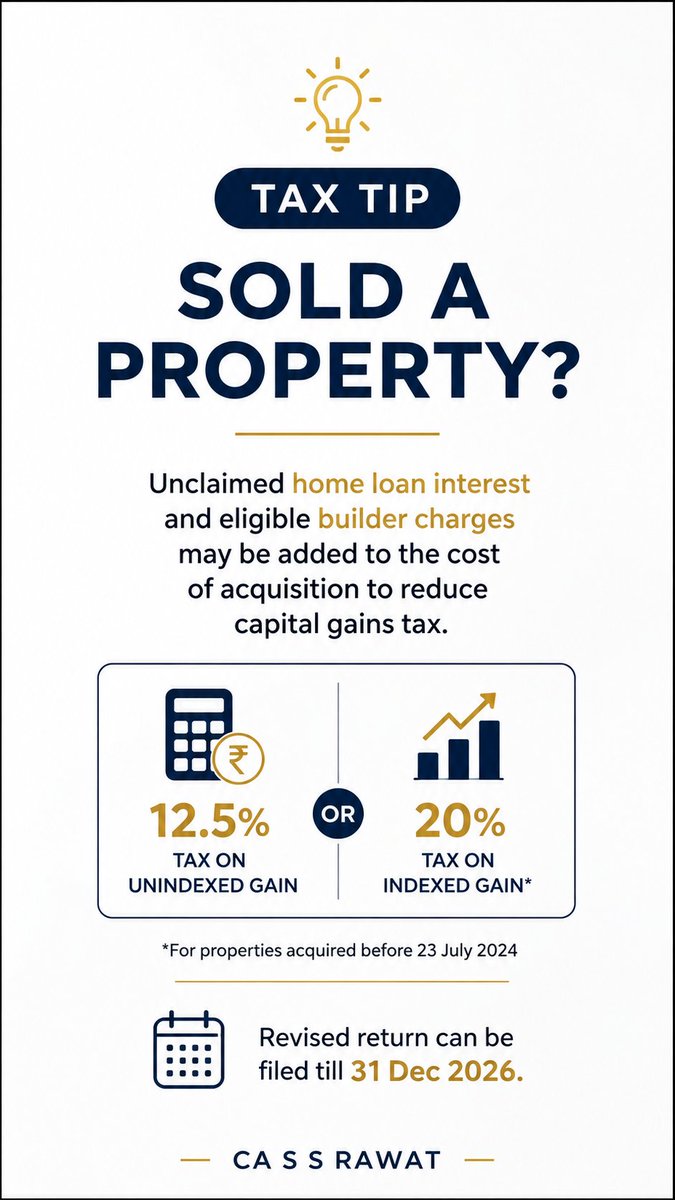 cassrawat's tweet photo. #TaxTip #CapitalGains #PropertySale #HomeLoan #IncomeTax #IncomeTaxIndia #TaxPlanning #ITR #RealEstate #CASSRawat #CASSRawatUpdates #CharteredAccountant #TaxSavings #Finance #WealthPlanning https://t.co/50tqEENUHf