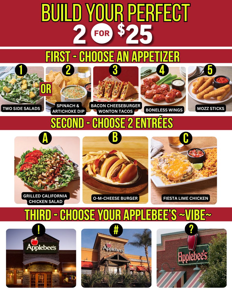 Applebees's tweet photo. Leave your perfect 2 for $25 in the comments https://t.co/0cYTbQG6qm