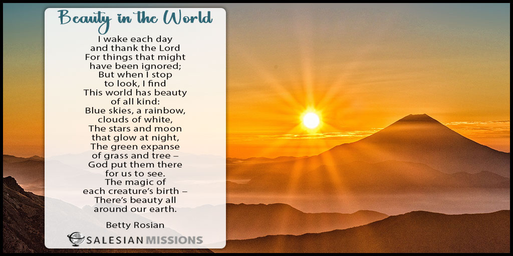 SalMissions's tweet photo. 🌎🌞Let’s take a moment to remember there is beauty all around us. Pause and reflect on our August poem, reminding us about the wonders God has given us🌤️🌈 
https://t.co/GZAJkTVfTu
And check out a variety of #inspirational books &amp; booklets in our Salesian Missions Collection. https://t.co/S88gnpCNDR