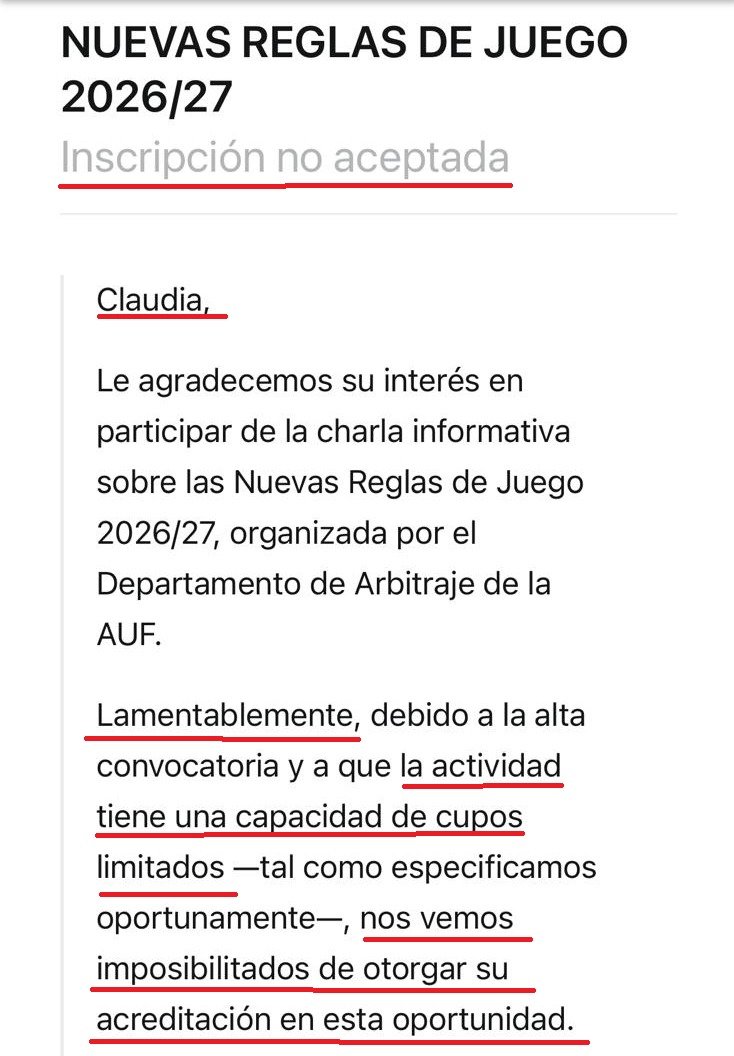ArbitrajeU's tweet photo. ¡𝗤𝗨𝗘́ 𝗠𝗔𝗟𝗔 𝗦𝗨𝗘𝗥𝗧𝗘!

En 3 años el Colegio de Árbitros organizó solo 2 charlas de reglas para comunicadores.
En ninguna hubo cupo para Claudia Umpiérrez😳

Y bue, será para el 2029...

2023                                2026
  👇🏻                                     👇🏻 https://t.co/VSurAX8M8p