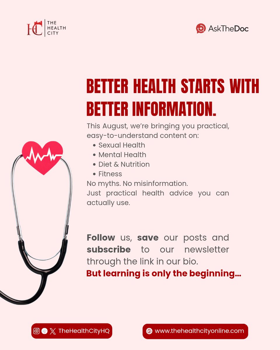 thehealthcityhq's tweet photo. This August, expect practical health content, thoughtfully curated wellness products through CarePlace, and access to professional health consultations for just ₦4,000.
Follow along and take better care of your health.
#HealthTips #WomensHealth #CarePlace #AskTheDoc https://t.co/DWXjk1rfIp