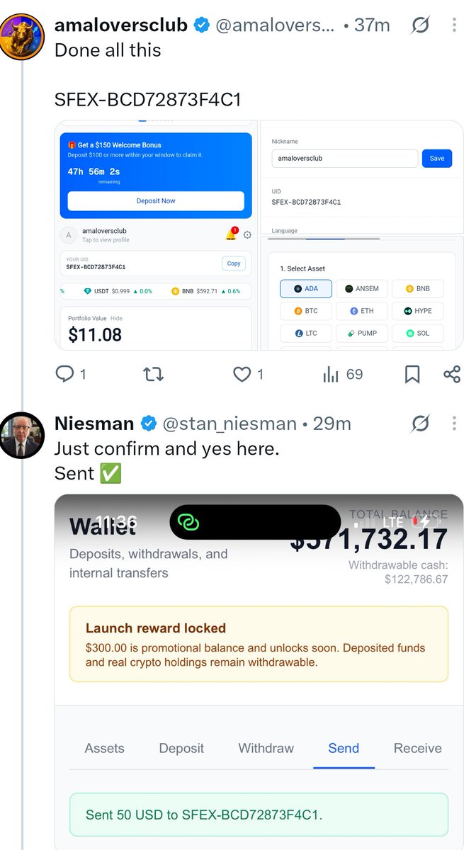 amaloversclub's tweet photo. A sophisticated SCAM may be taking place
I Deliberately decided to join this @stan_niesman so called giveaway. I deposited 0.15 SOL into the exchange he is promoting @Sfexwallet

When depositing there was no KYC requirement but you have to do KYC to withdraw your money of which there is no place to do the KYC.

Yes he is sending funds through internal transfers to people who made the deposit, but they can't withdraw neither their Initial Deposit nor the internal bonus which he sent

I now checked the location of both accounts and they are both located in Africa. 

I suggest that everyone stops the deposits until withdrawals are open, cos what's even the guarantee that anybody would pass the KYC

Stay Alert guys
