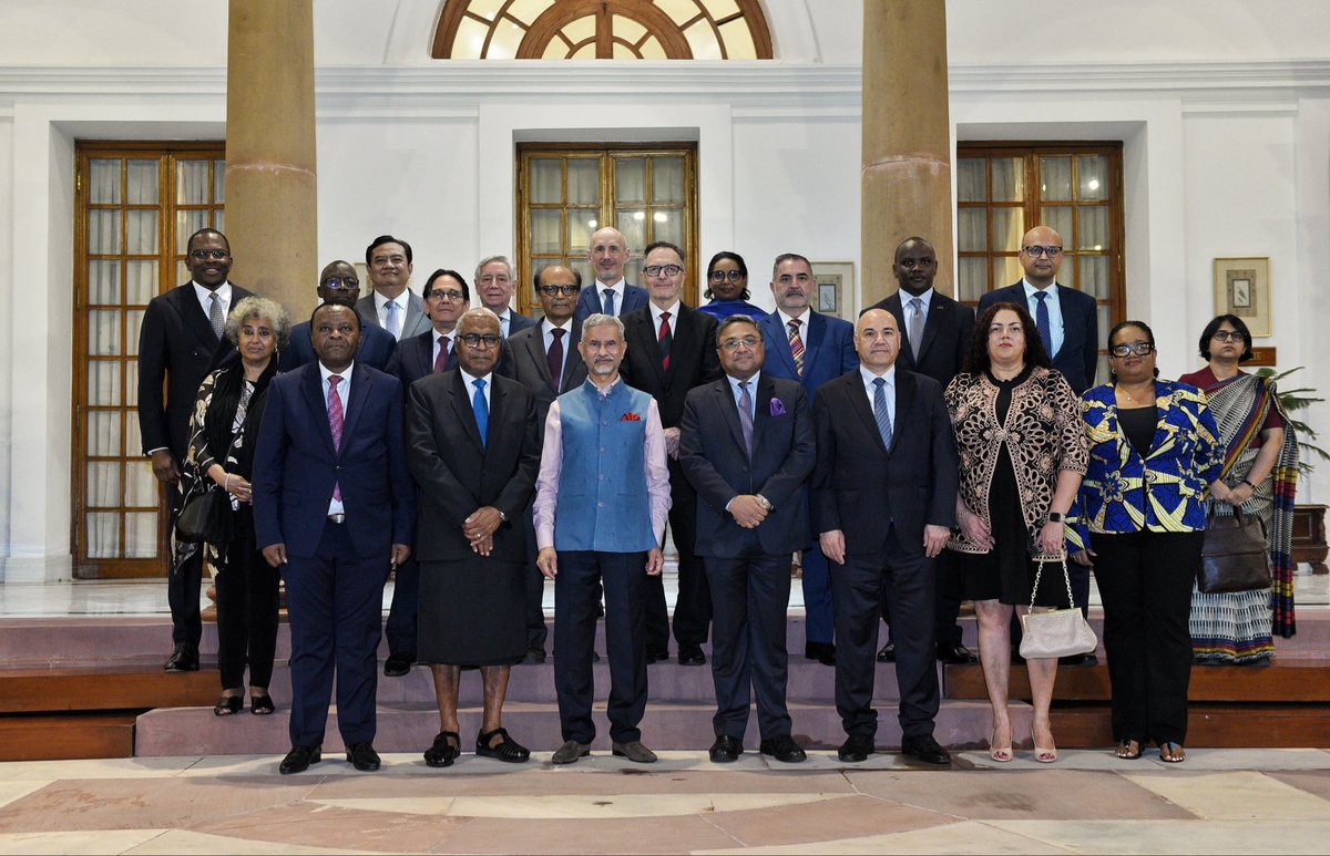 DrSJaishankar's tweet photo. Delighted to interact with Permanent Representatives @UN from 17 countries, visiting India on a study tour. 

As the global order transforms, reformed multilateralism reflecting the aspirations of the Global South is the need of the hour. 

Our discussions also touched upon technology, maritime safety, peacekeeping, development partnership and disaster response. 

Wish them a pleasant stay in India.