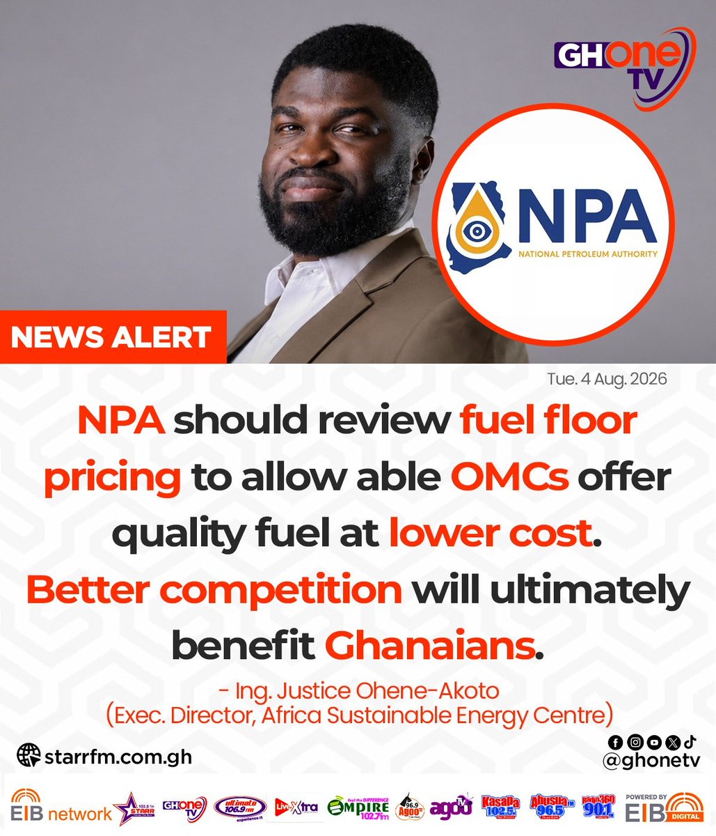 ghonetv's tweet photo. NPA should review fuel floor pricing to allow able OMCs offer quality fuel at lower cost. Better competition will ultimately benefit Ghanaians... - Ing. Justice Ohene-Akoto (Exec. Director, Africa Sustainable Energy Centre)

#GHOneNews #EIBNetwork
#GHOneTV #NewsAlert https://t.co/VF8FzbIEq4