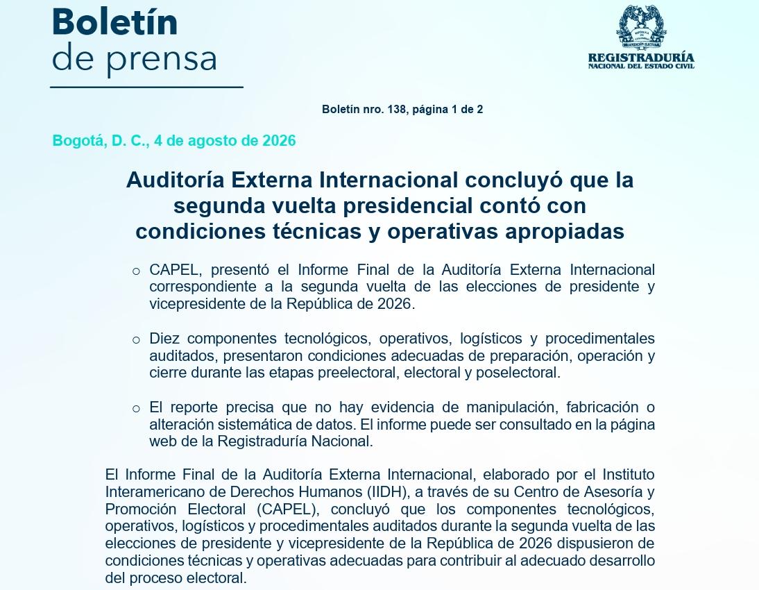 larepublica_co's tweet photo. #Atento | La Registraduría informó que la Auditoría Externa Internacional del Centro de Asesoría y Promoción Electoral, Capel, concluyó que la segunda vuelta presidencial contó con condiciones técnicas y operativas apropiadas https://t.co/McqWIV0NQg