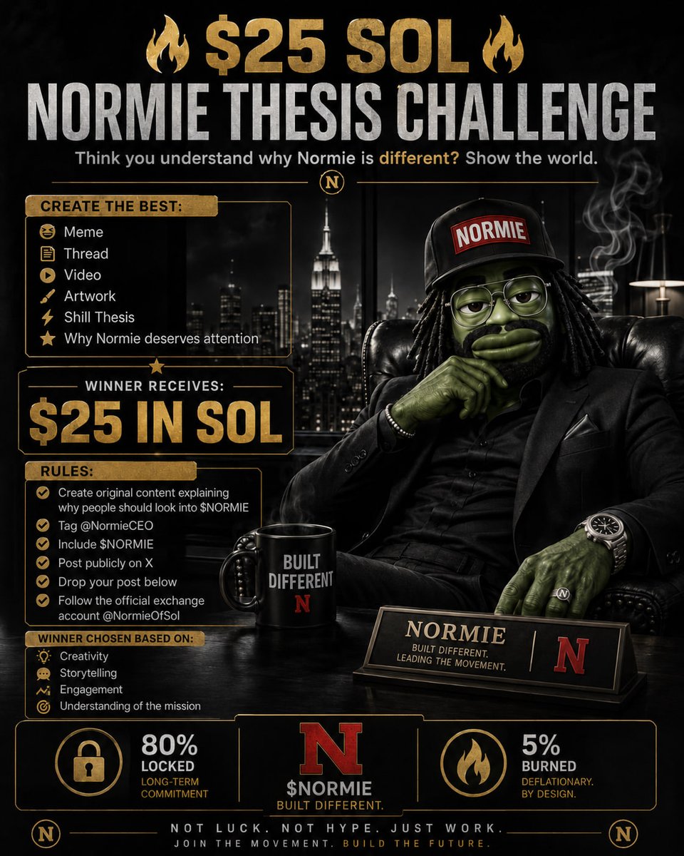 NormieCEO's tweet photo. 🔥 $25 SOL NORMIE THESIS CHALLENGE 🔥

Think you understand why NORMIE is different?

Show the world.

Create the best:

Meme
Thread
Video
Artwork
Shill thesis
Or your best explanation of why people should look into and support 
solana:FrSFwE2BxWADEyUWFXDMAeomzuB4r83ZvzdG9sevpump
 
CA: FrSFwE2BxWADEyUWFXDMAeomzuB4r83ZvzdG9sevpump 

Winner gets:

💰 $25 in SOL

Rules:

Create original content about why people should pay attention to NORMIE
Tag 
@NormieCEO
 & 
@NormieOfSol

Follow 
@NormieCEO
 & 
@NormieOfSol

Include NORMIE CA: FrSFwE2BxWADEyUWFXDMAeomzuB4r83ZvzdG9sevpump 

Post it publicly on X
Drop your post below this tweet

Winner will be chosen based on:

Creativity
Storytelling
Engagement
Understanding of the mission

Let’s see who really gets it.
Not luck. Not hype. Just work.
Built different.

Winner Chosen Saturday LIVE on 
@YouTube
 
https://t.co/EEHmniv67V