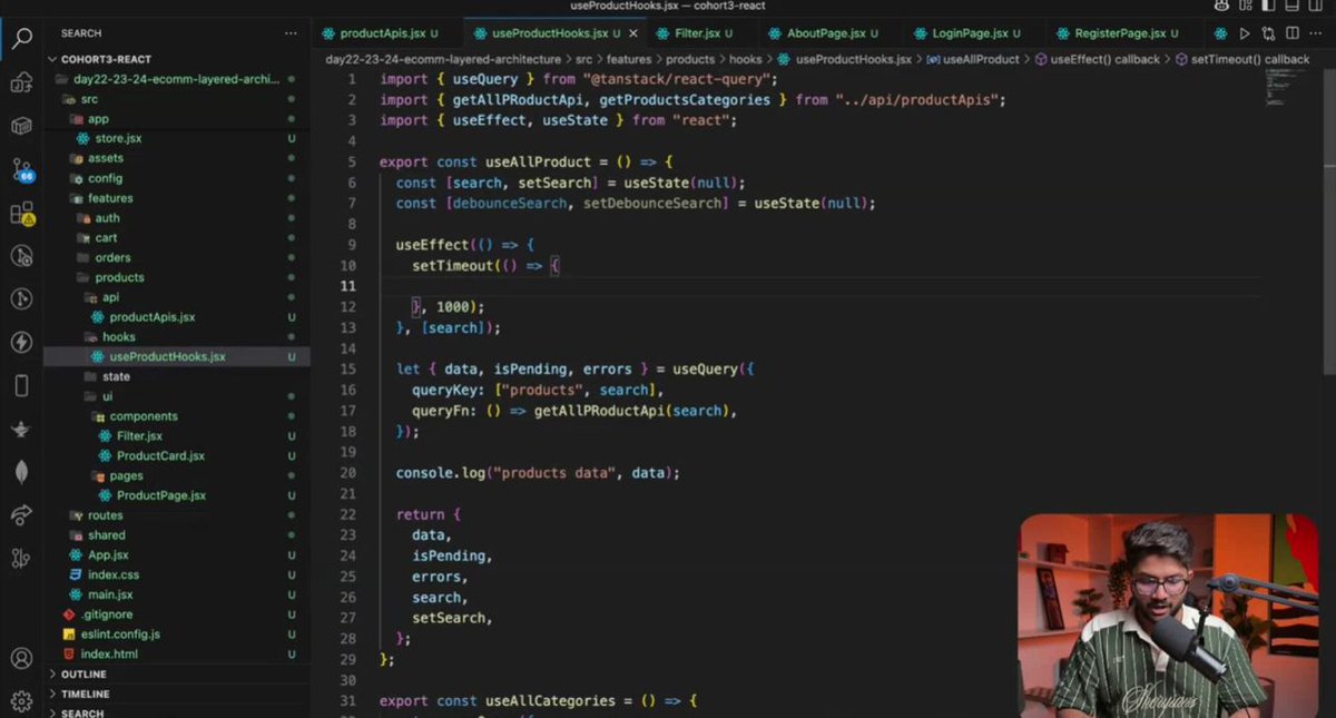 prathamkave's tweet photo. TanStack Query Session ⚛️ at @sheryians_ COHORT 3.0

• API Integration
• Search with Debouncing
• Filter &amp; Category APIs
• Managing server state with TanStack Query

#ReactJS #TanStackQuery #JavaScript #APIIntegration #Cohort3 #SheryiansCodingSchool https://t.co/n4pRR49Vba