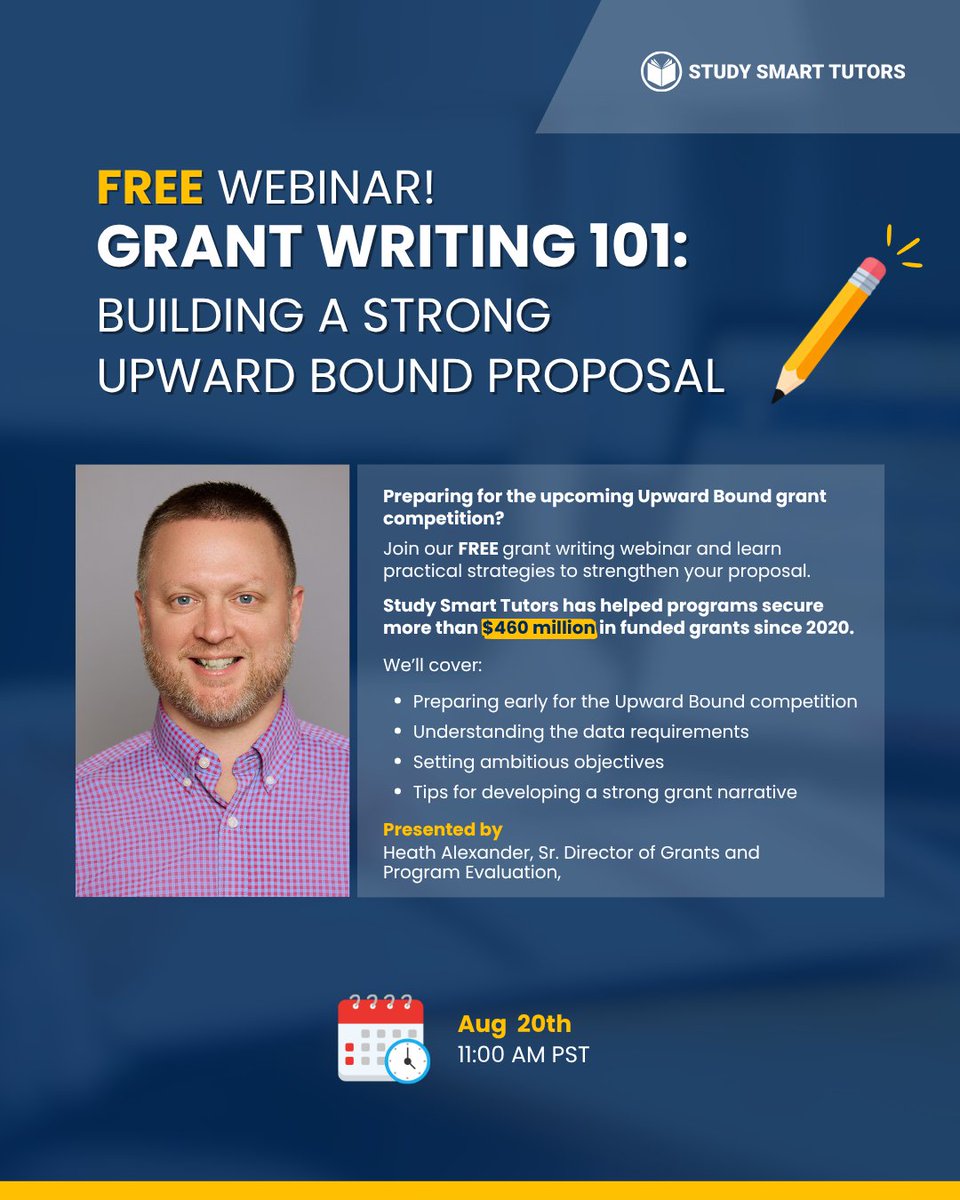 StdySmartTutors's tweet photo. Join us for a FREE webinar designed to help TRIO professionals prepare for the upcoming Upward Bound competition!
Click the link to register now: https://t.co/A7dxTbqa3X
#webinar #education #educhat #edwebinar #grantwriting #grantwritingtips #TRIO #TRIOworks #trioprograms https://t.co/sJDVynuvHT