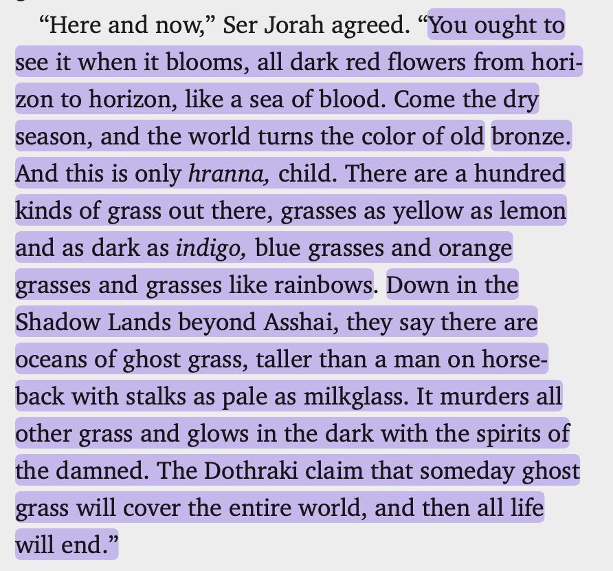 yanmingtings's tweet photo. hranna being blood red when it blooms as a symbol of humanity, which has blood flowing in its veins, juxtaposed with pale ghost grass, taller than a man on horseback, glowing with the spirits of the damned, murdering all other grass as a reference to the Others https://t.co/iTvpmswZcZ