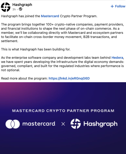 Tokenicer's tweet photo. $HBAR x Mastercard is now a reality🔥

Hashgraph has joined Mastercard's Crypto partner Program as an official member.

Hedera will be used in Mastercard's operations:

• B2B Transactions
• Cross Border Transfers
• Settling Payments

Hedera's proven their utility in payments over the past few years

From CBDC development with the likes of Project Acacia,

To applications on-chain like Dropp being recognized for micropayment utility by Truist & US Fed Reserve
––––

We've seen the Hashgraph expand and be recognized by world leaders for everything from RWAs, AI, sustainability & more.

Now we can see payments is also forming nicely across the Hashgraph ecosystem