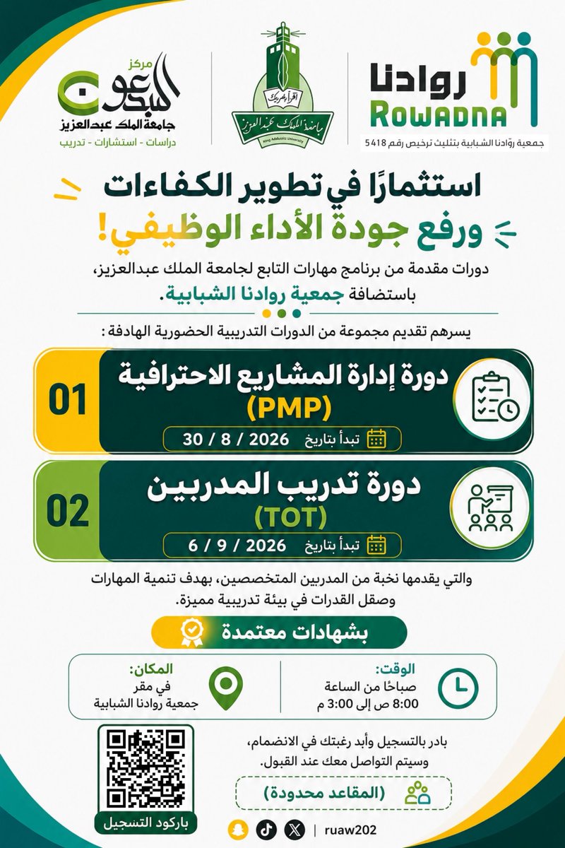 Ruaw202's tweet photo. ✨تعلن #جمعية_روادنا_الشبابية عن فتح باب التسجيل في مجموعة من الدورات التدريبية الهادفة إلى تنمية المهارات، وتطوير القدرات، وتأهيل المشاركين في عدد من المجالات النوعية.
@kauedu_sa https://t.co/laaZO75gOj