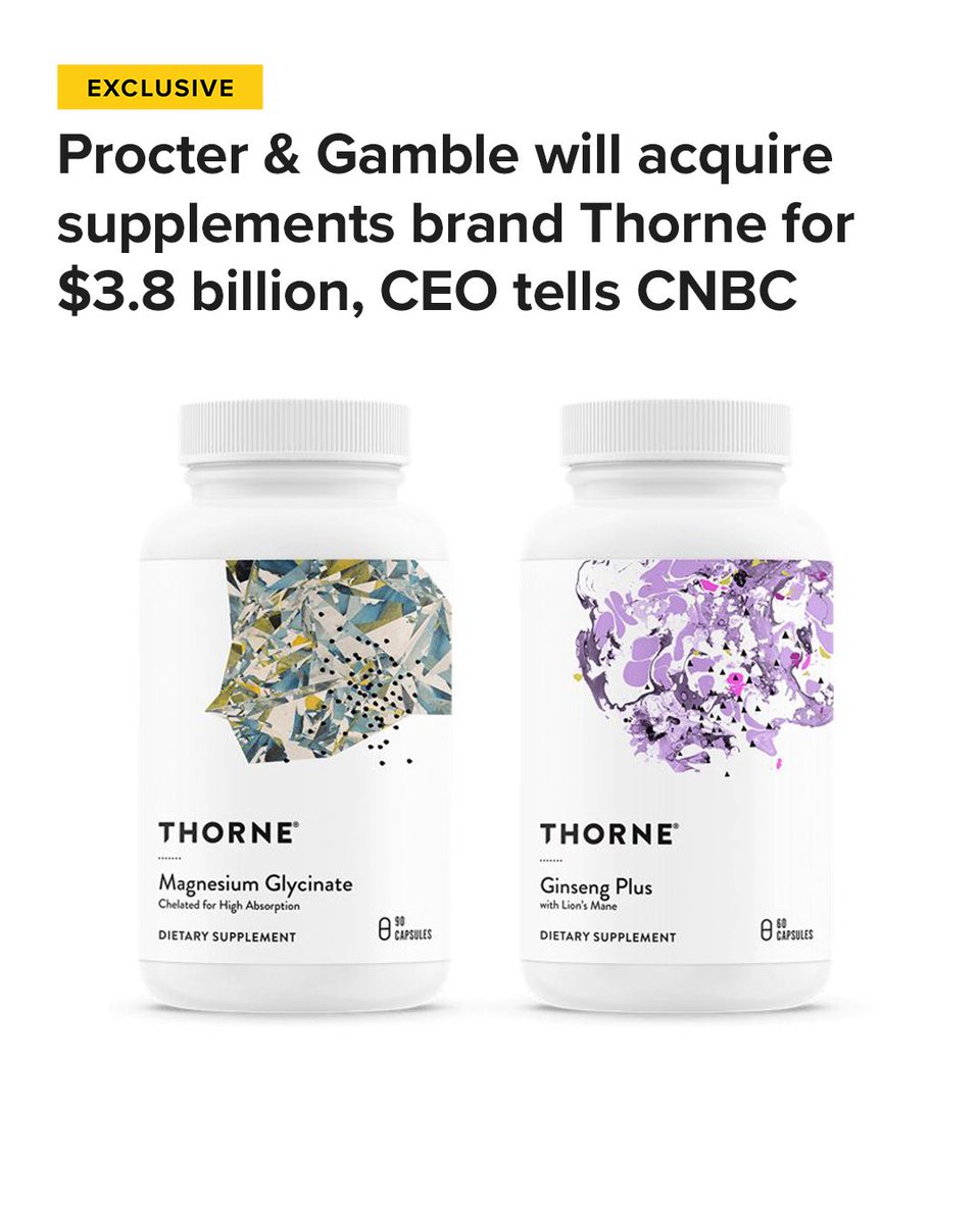 CNBC's tweet photo. Procter & Gamble is buying supplement brand Thorne for $3.8 billion, CEO Shailesh Jejurikar said on CNBC’s “Squawk on the Street.”

The acquisition, which is set to be announced Tuesday, is a bid for P&G to grow its health and wellness division. The consumer goods giant already owns several other supplements brands, like Metamucil, Align Probiotic and New Chapter vitamins, which are housed within a broader healthcare division that includes Oral-B and Vicks.

Read the full story: https://t.co/8qUAwgeuNP